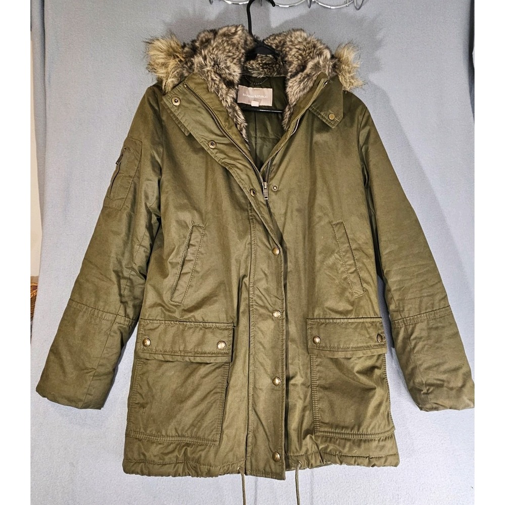 Banana Republic Faux-Fur Hooded Parka Jacket Coat Olive Green Utility XS